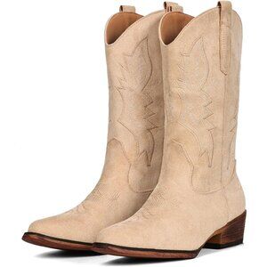Women's Suede Camel Western Boots Cowgirl Boots Pull On Pointy Toe Mid Calf